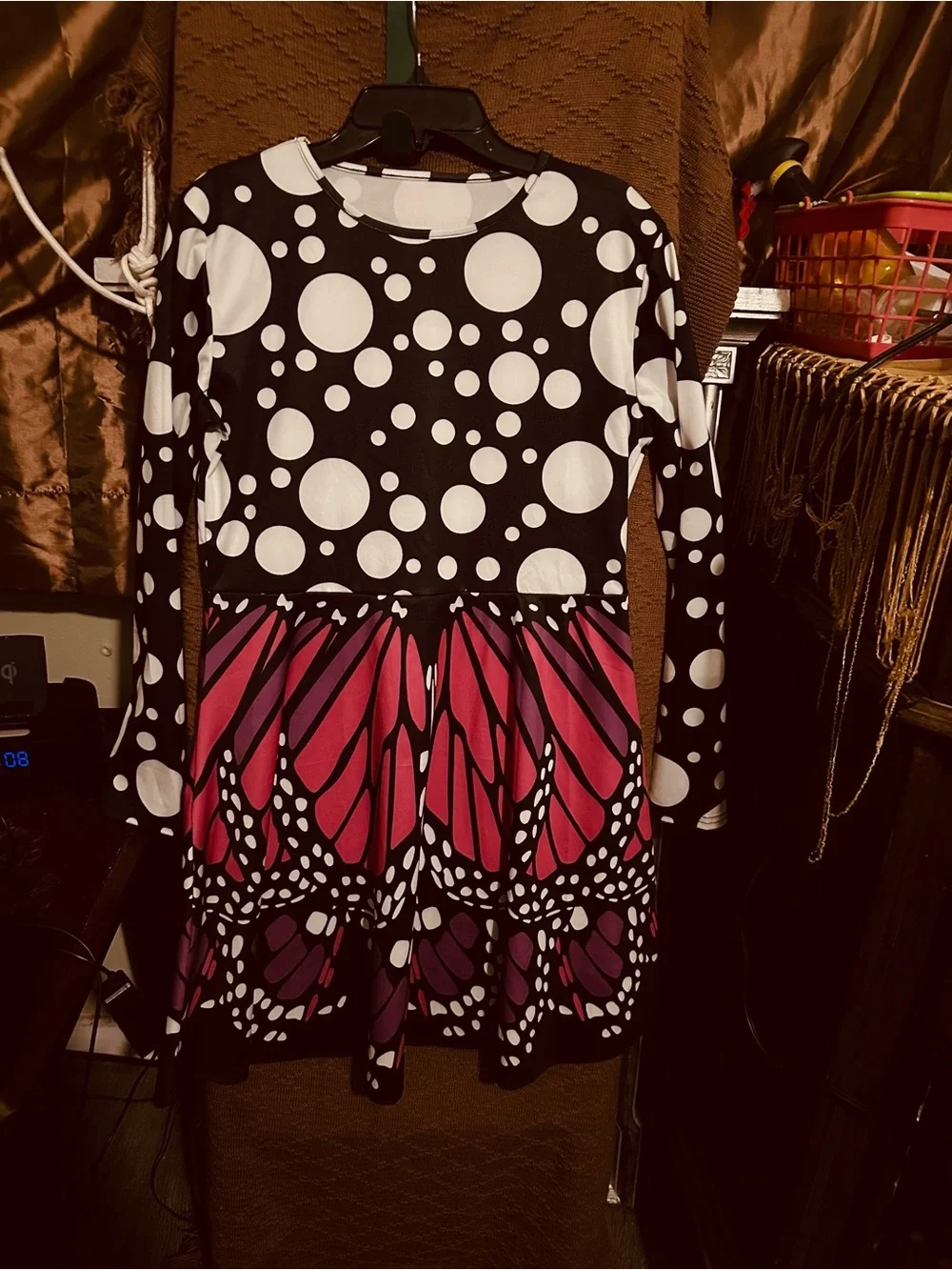 Girls' Black & Pink Polka Dot Butterfly Print Long-Sleeve Dress